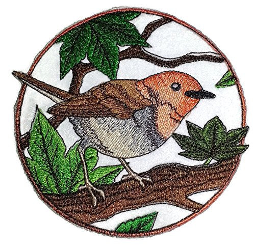 Embroidered patch of a robin bird on a branch with leaves