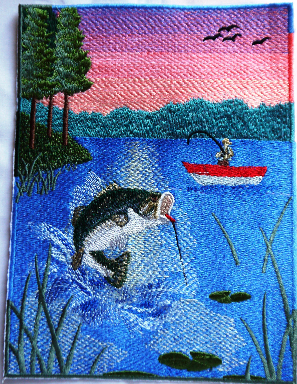 Let's Go Fishing Custom and Unique [Leaping Largemouth Fishing Scene ] Embroidered Iron On/Sew Patch (6" x 6.8") Made in USA]