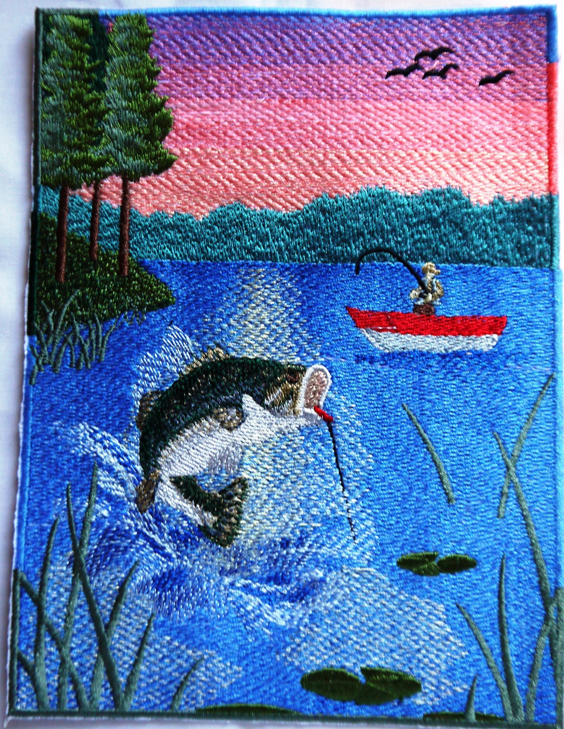 Let's Go Fishing Custom and Unique [Leaping Largemouth Fishing Scene ] Embroidered Iron On/Sew Patch (6" x 6.8") Made in USA]