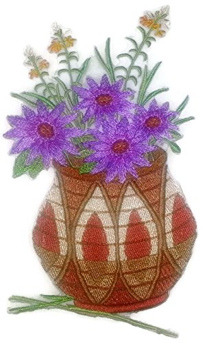 Parche bordado para planchar o coser, personalizado y único, con flores de primavera y jarrón [Canasta de flores africanas] [17 x 10 cm] [Hecho en EE. UU.]