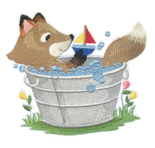 Naturaleza entretejida en hilos, increíble reino animal bebé [Baño en el bosque - Zorro] [Personalizado y único] Parche bordado para planchar o coser [5,84" x 5,12"] [Hecho en EE. UU.]