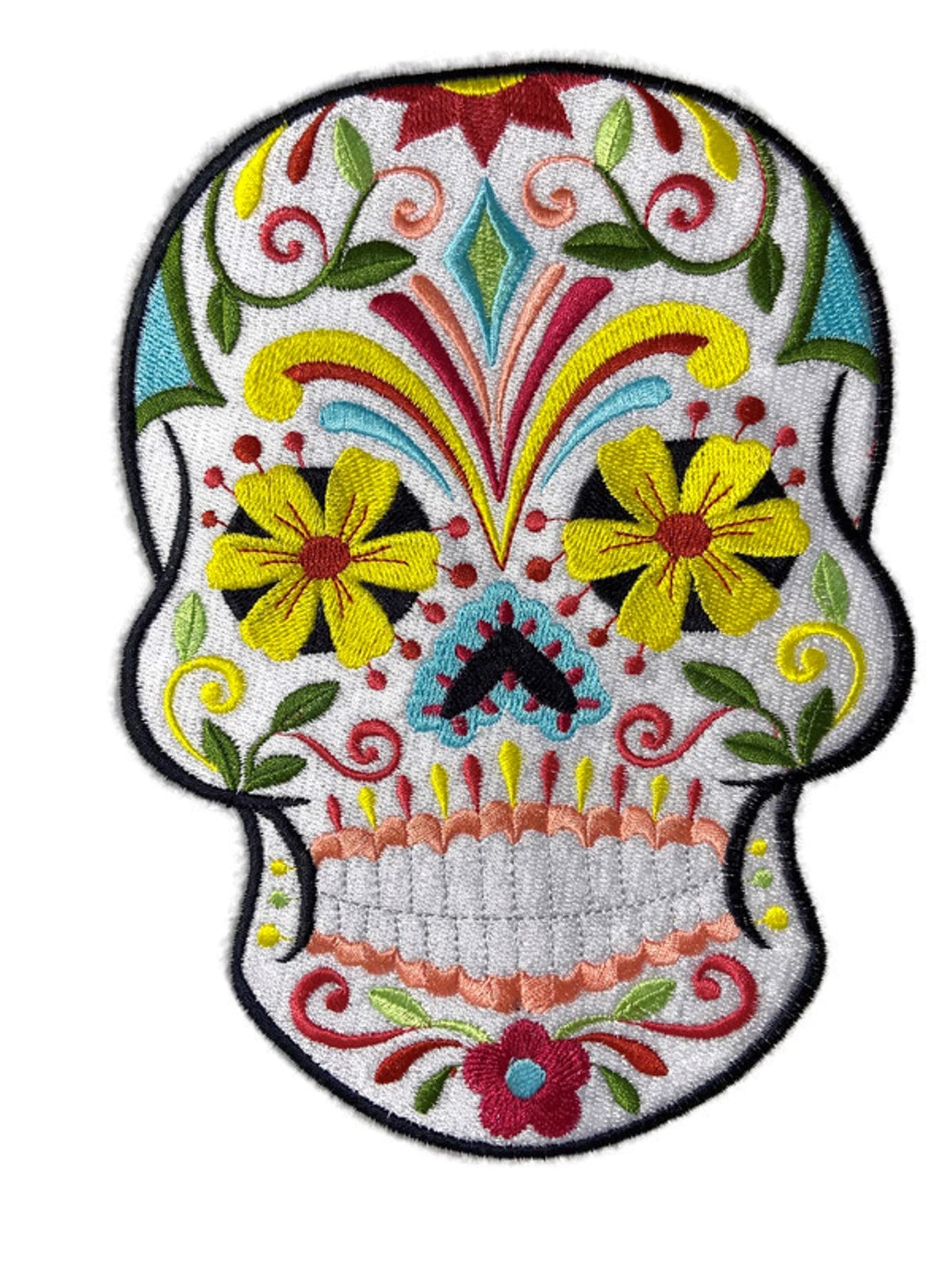 Parche bordado para planchar o coser con diseño de calavera de azúcar "Flor de Fiesta" (8" x 6"), equipo de motociclista personalizado y único [Hecho en EE. UU.]