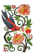 Scarlet Tanager in Flowers (4" x 5.25") embroidered iron-on patch