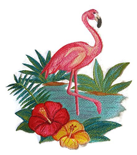 BeyondVision Nature Tejido en Hilos, Reino de las Aves Increíbles [Flamenco e Hibisco en Acuarela] [Personalizado y Único] Parche Bordado para Planchar o Coser [7" x 7.79"] [Hecho en EE. UU.]