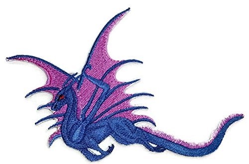 Embroidered patch of a blue and pink dragon on a white background