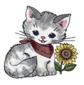 Kitty with Sunflower (5.28" x 5.21") embroidered iron-on patch