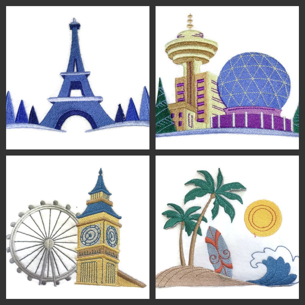 Parche bordado termoadhesivo "Round The World City Square" (Miami), 6,3" x 5" (hecho en EE. UU.)