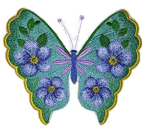 Parche bordado para planchar o coser con flores y mariposas en acuarela, personalizado y único [Mariposa no me olvides en acuarela] [5,98" x 4,85"] [Hecho en EE. UU.]