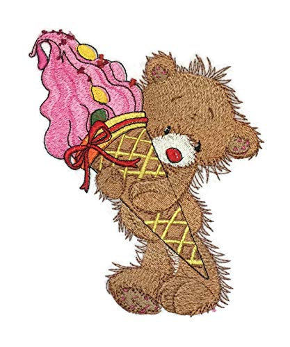 Naturaleza entretejida en hilos, increíble bebé animal [Oso con cono de helado] [Personalizado y único] Parche bordado para planchar o coser [12,5 x 16,8 cm]