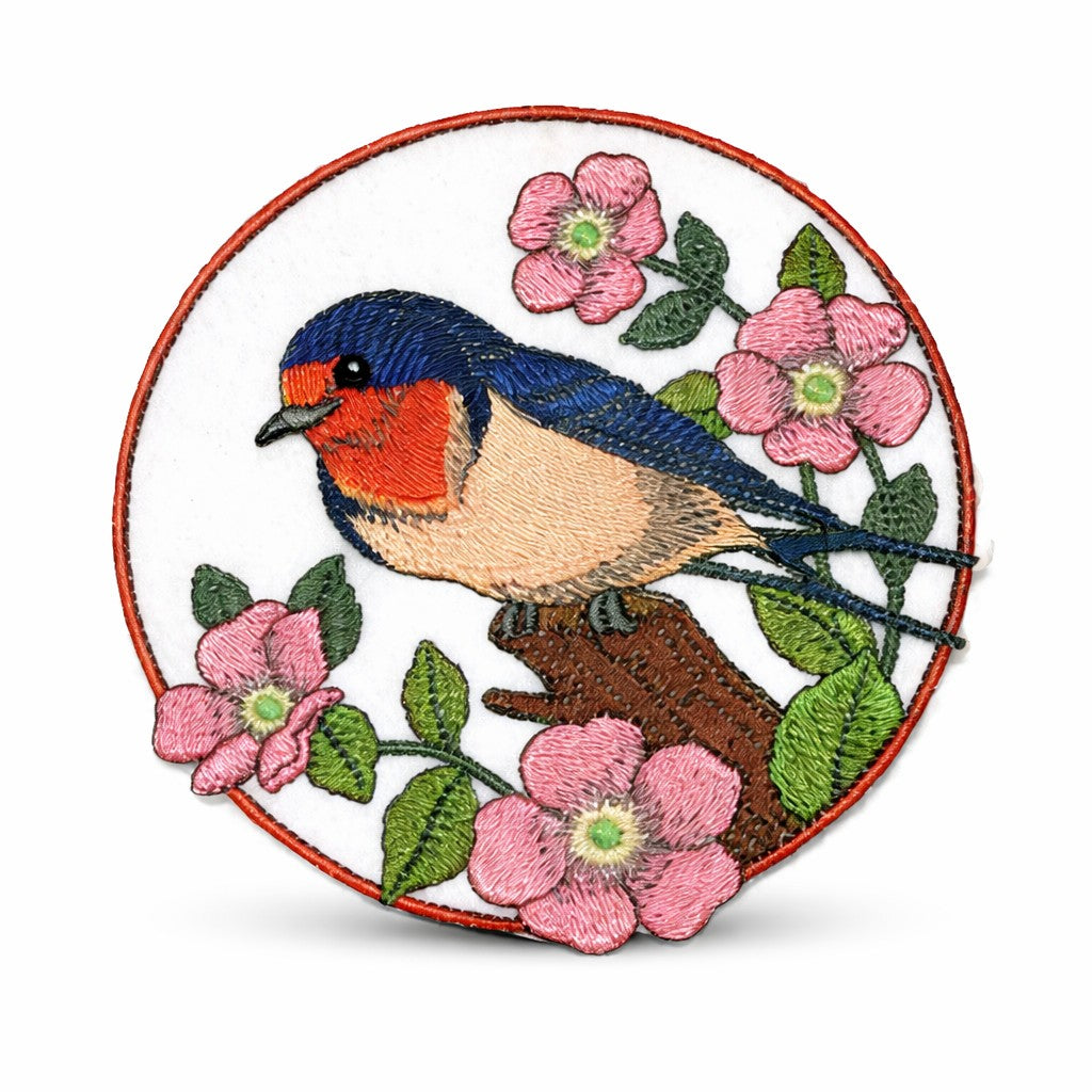 Barn Swallow & Wild Rose Circle Embroidered Patch (5" x 5") Inch Iron-On / Sew-On Floral Bird Applique for DIY Fashion, Jackets, Bags & Crafts | Made in USA by BeyondVision