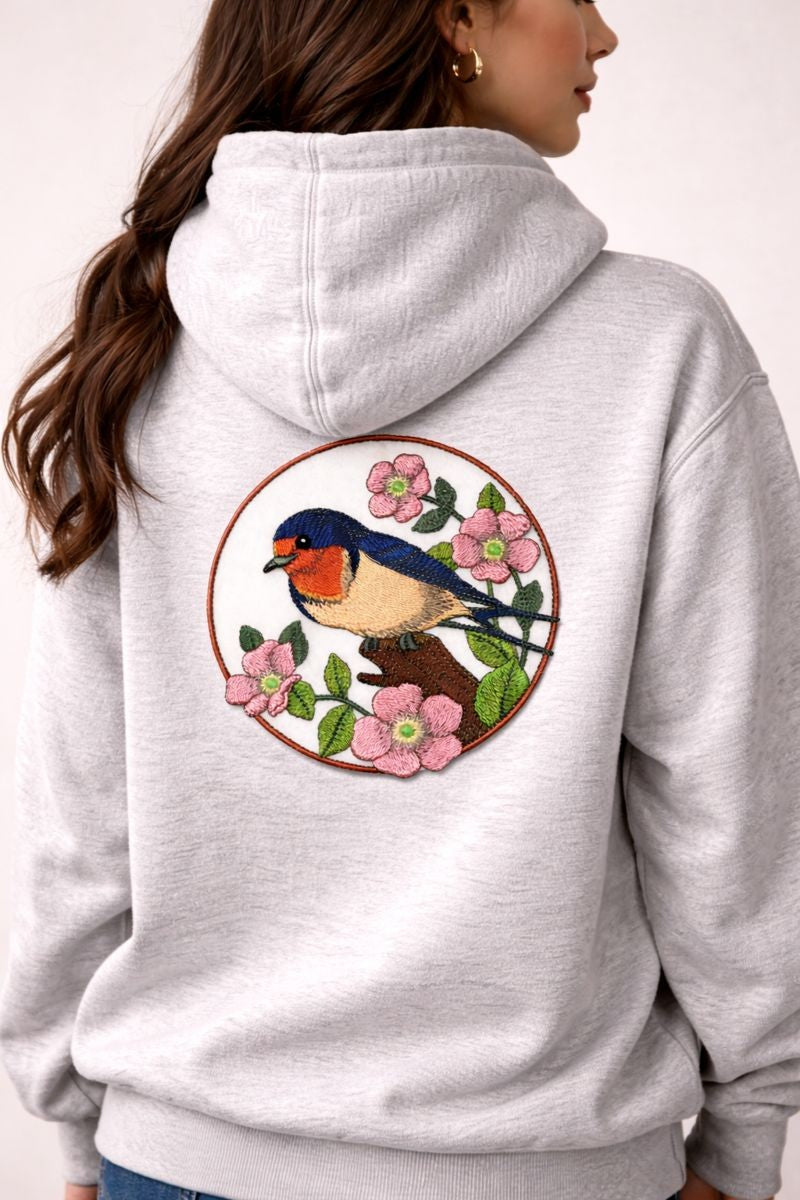 Barn Swallow & Wild Rose Circle Embroidered Patch (5" x 5") Inch Iron-On / Sew-On Floral Bird Applique for DIY Fashion, Jackets, Bags & Crafts | Made in USA by BeyondVision