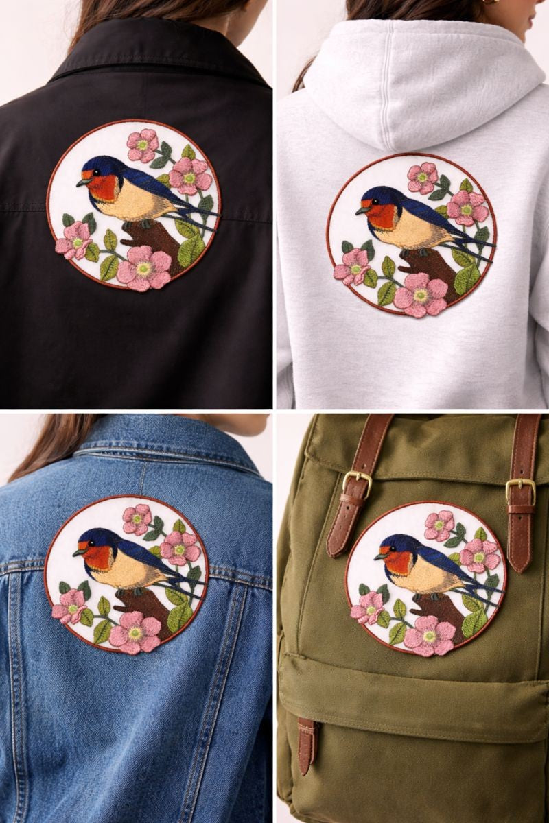Barn Swallow & Wild Rose Circle Embroidered Patch (5" x 5") Inch Iron-On / Sew-On Floral Bird Applique for DIY Fashion, Jackets, Bags & Crafts | Made in USA by BeyondVision