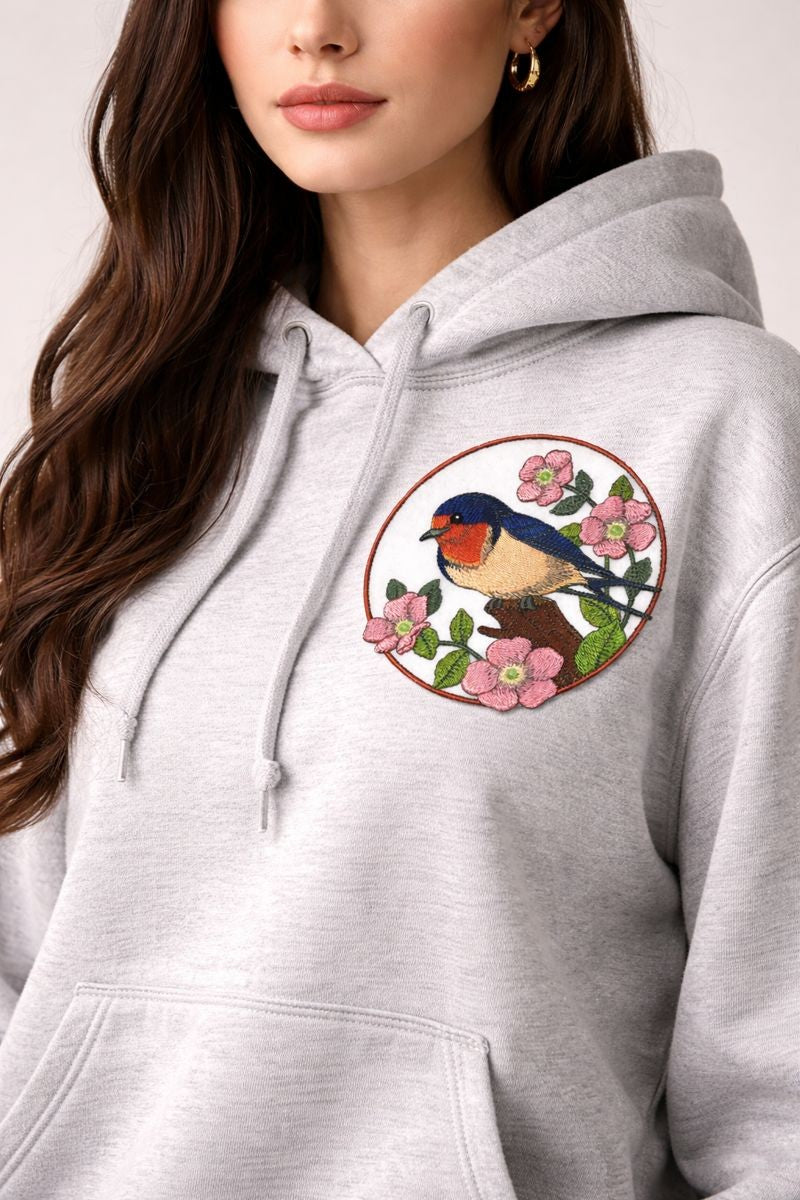 Barn Swallow & Wild Rose Circle Embroidered Patch (5" x 5") Inch Iron-On / Sew-On Floral Bird Applique for DIY Fashion, Jackets, Bags & Crafts | Made in USA by BeyondVision