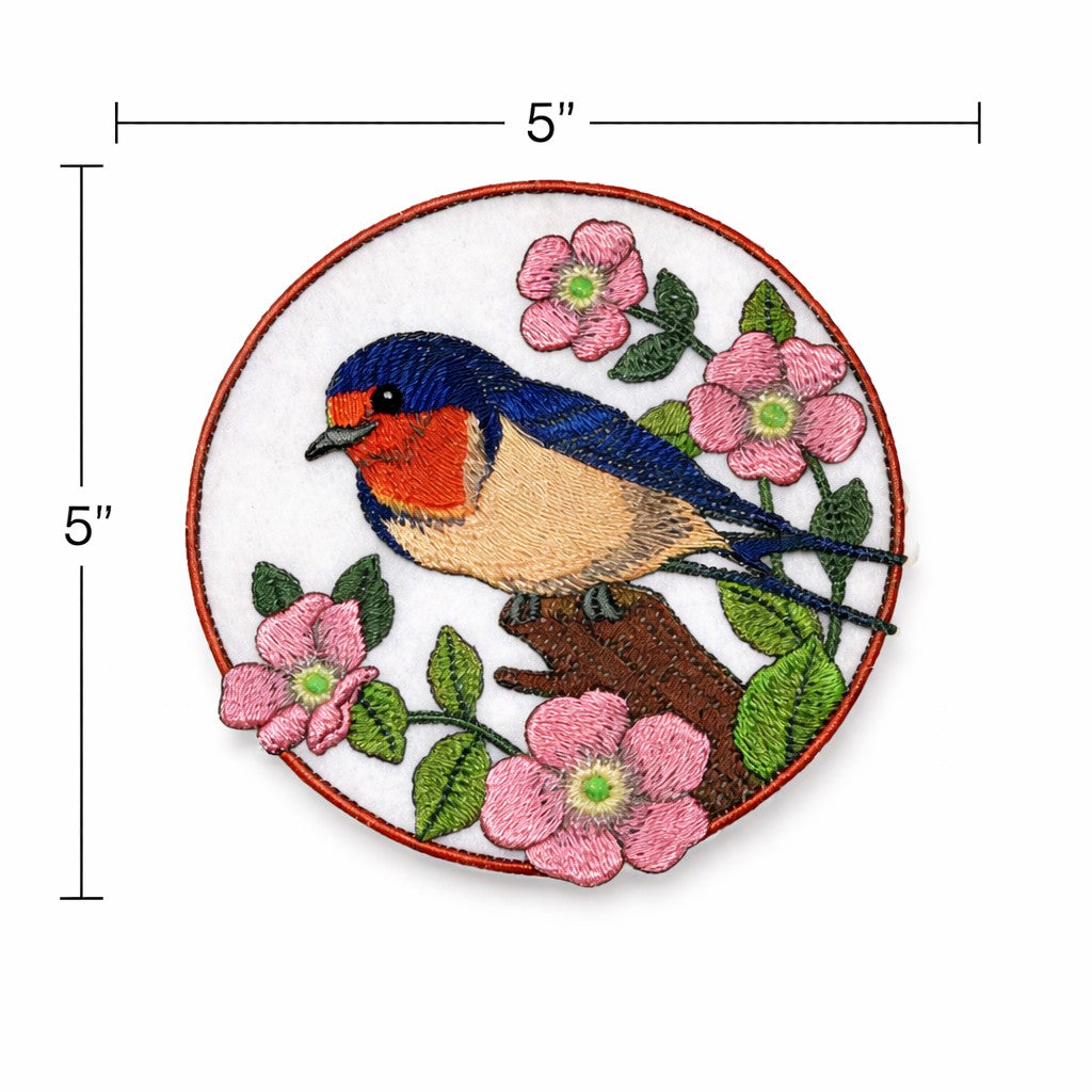Barn Swallow & Wild Rose Circle Embroidered Patch (5" x 5") Inch Iron-On / Sew-On Floral Bird Applique for DIY Fashion, Jackets, Bags & Crafts | Made in USA by BeyondVision