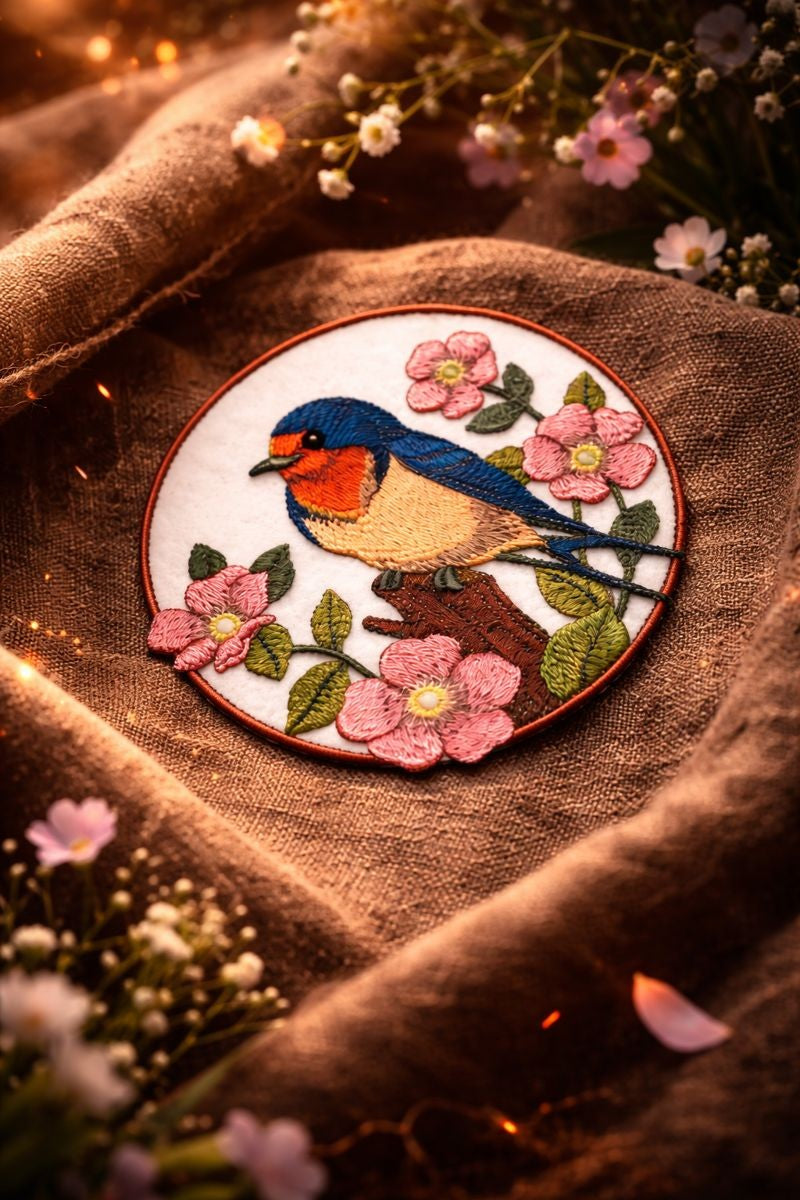 Barn Swallow & Wild Rose Circle Embroidered Patch (5" x 5") Inch Iron-On / Sew-On Floral Bird Applique for DIY Fashion, Jackets, Bags & Crafts | Made in USA by BeyondVision