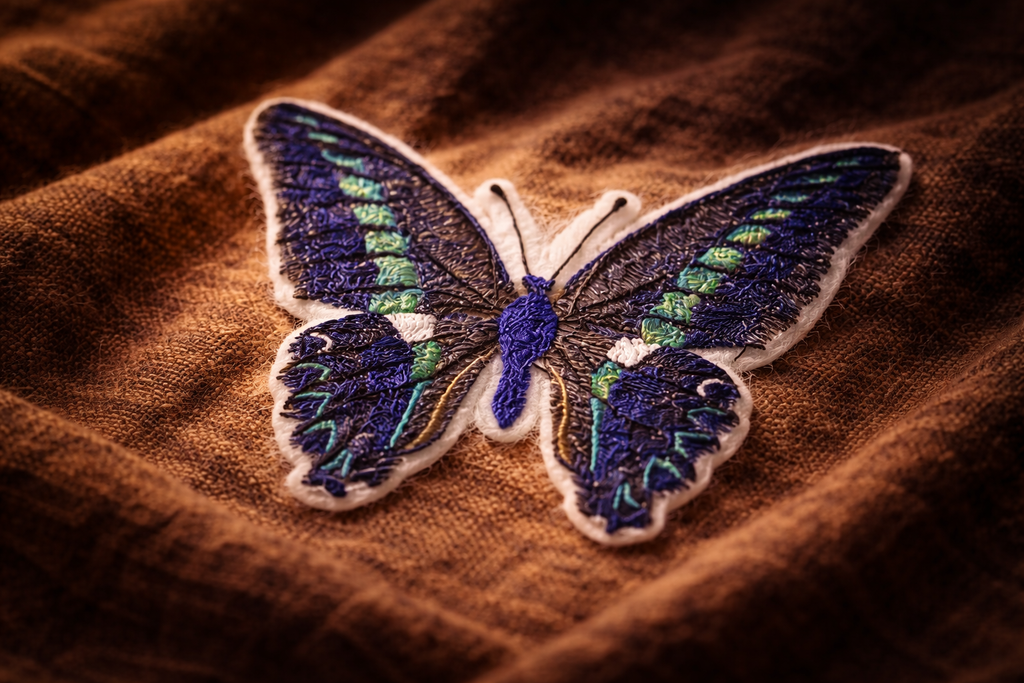 Blue Triangle Butterfly Embroidered Patch – Vibrant Winged Iron-On or Sew-On Applique, 3.5" x 3.8", Made in USA