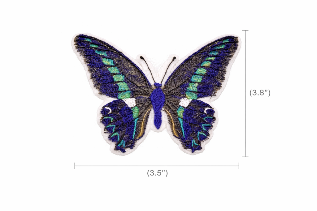 Blue Triangle Butterfly Embroidered Patch – Vibrant Winged Iron-On or Sew-On Applique, 3.5" x 3.8", Made in USA