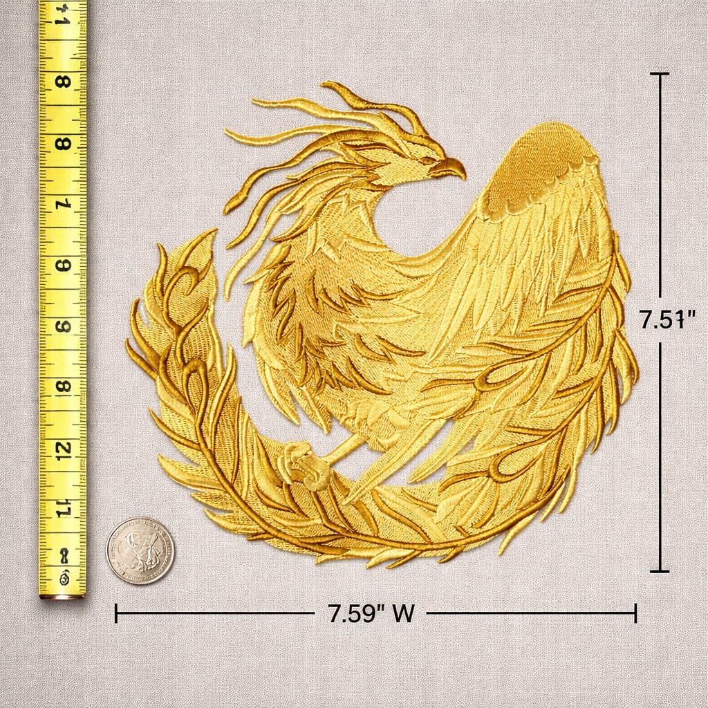 Timeless Heraldry Phoenix Embroidered Patch (7.59" x 7.81") Ornate Antique Gold Mythic Rebirth Emblem, Large High-Detail Iron-On or Sew-On