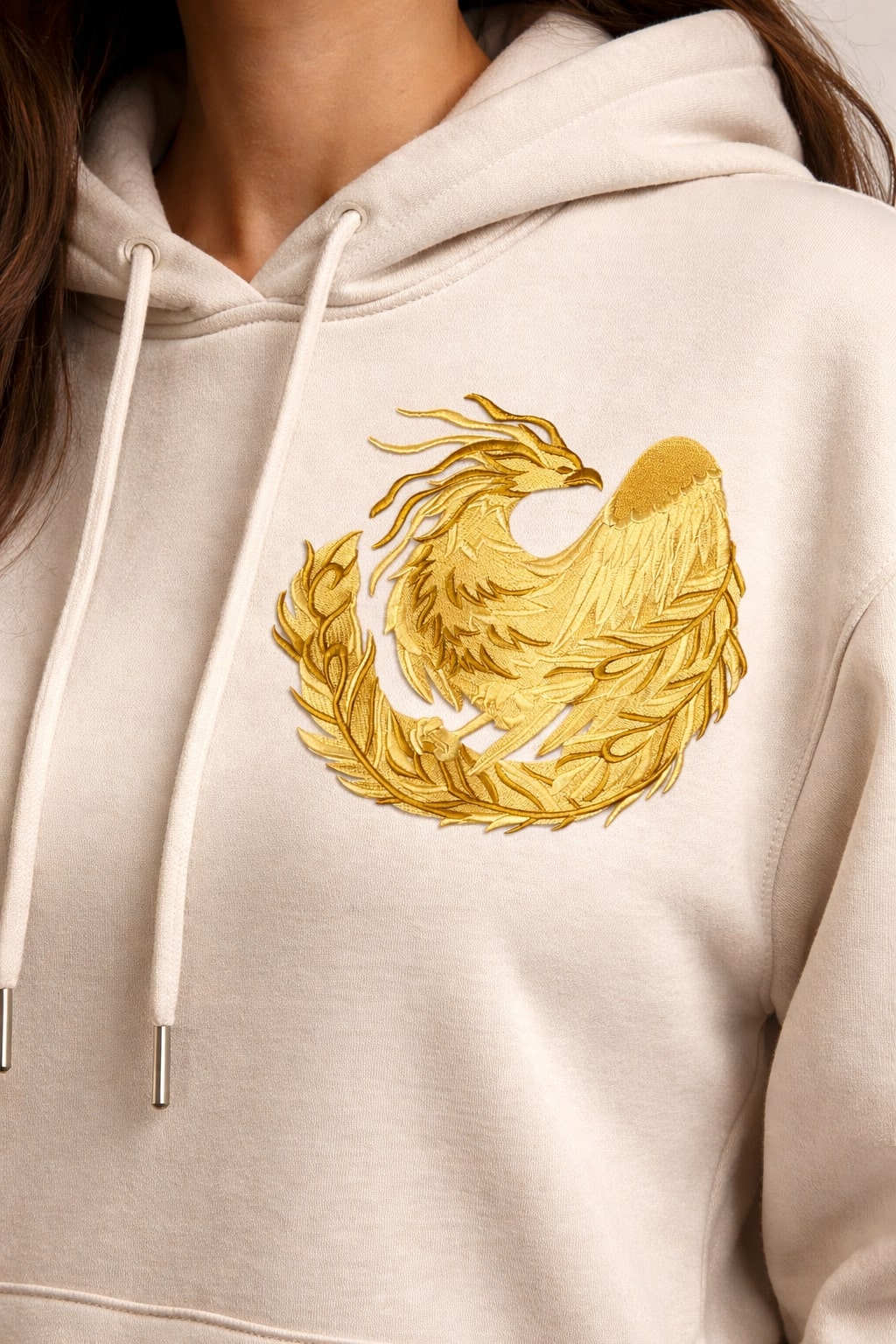 Timeless Heraldry Phoenix Embroidered Patch (7.59" x 7.81") Ornate Antique Gold Mythic Rebirth Emblem, Large High-Detail Iron-On or Sew-On