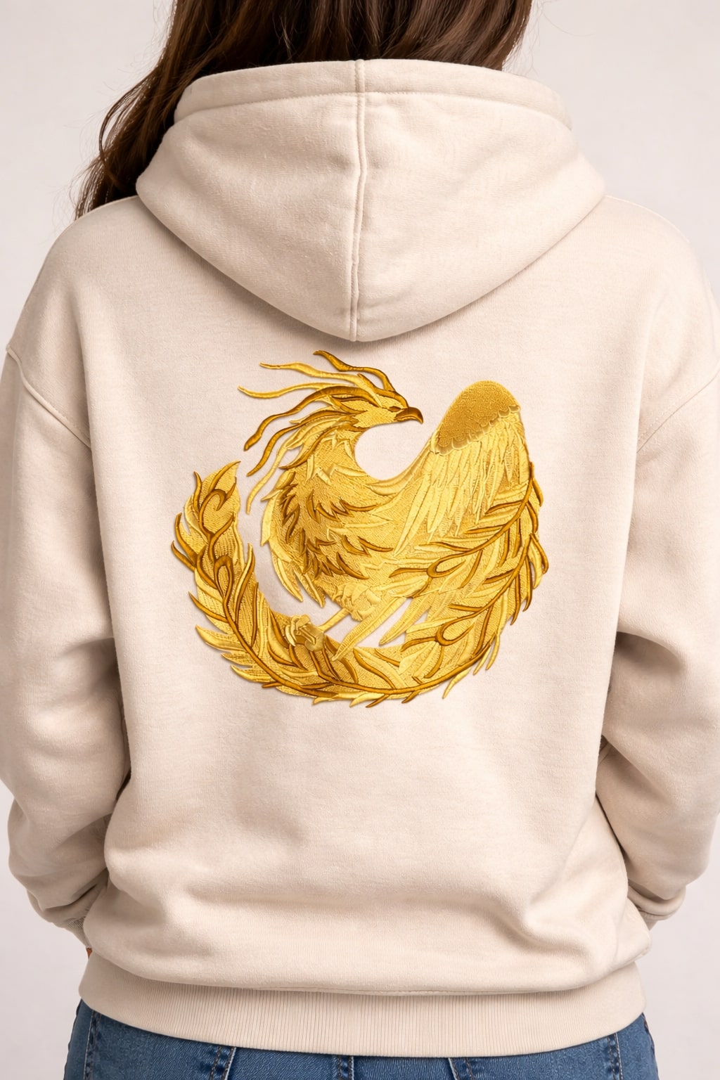 Timeless Heraldry Phoenix Embroidered Patch (7.59" x 7.81") Ornate Antique Gold Mythic Rebirth Emblem, Large High-Detail Iron-On or Sew-On