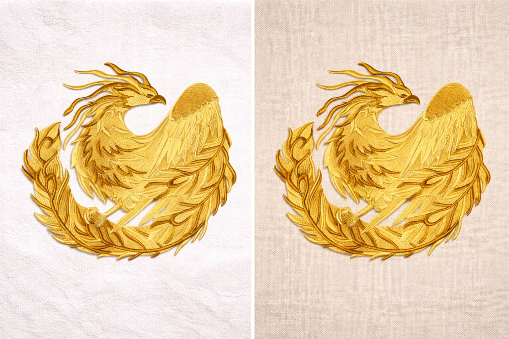 Timeless Heraldry Phoenix Embroidered Patch (7.59" x 7.81") Ornate Antique Gold Mythic Rebirth Emblem, Large High-Detail Iron-On or Sew-On