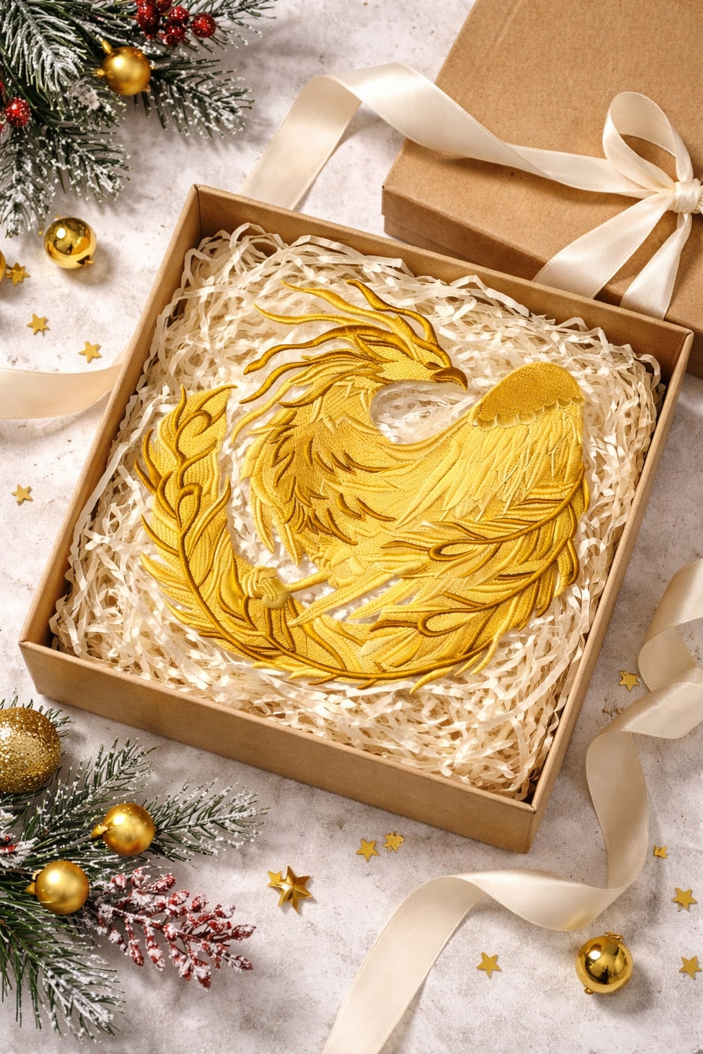 Timeless Heraldry Phoenix Embroidered Patch (7.59" x 7.81") Ornate Antique Gold Mythic Rebirth Emblem, Large High-Detail Iron-On or Sew-On