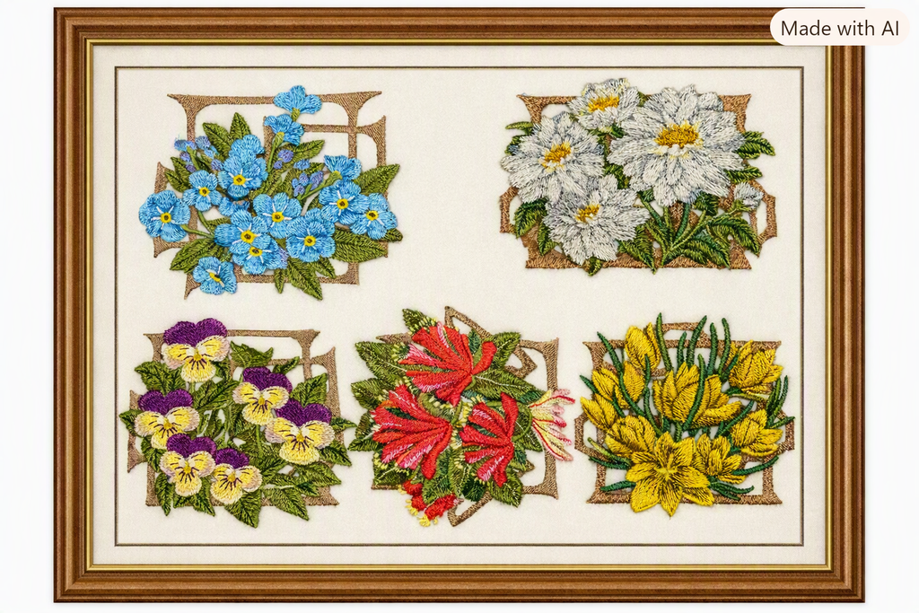 Crocus Flowers 3.85" x3.58" Golden Yellow Floral Embroidered Appliqué with Geometric Border