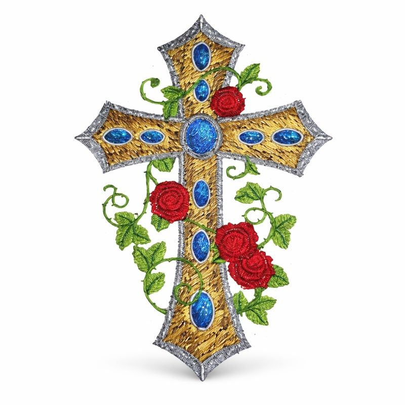 Art Deco Floral Cross Embroidered Patch (7” x 4.76”) – Gold Religious Iron-On Appliqué with Roses, Made in USA
