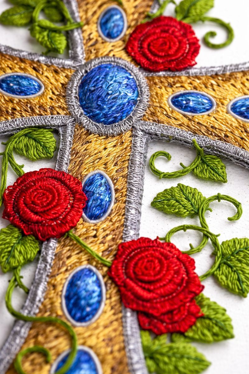 Art Deco Floral Cross Embroidered Patch (7” x 4.76”) – Gold Religious Iron-On Appliqué with Roses, Made in USA