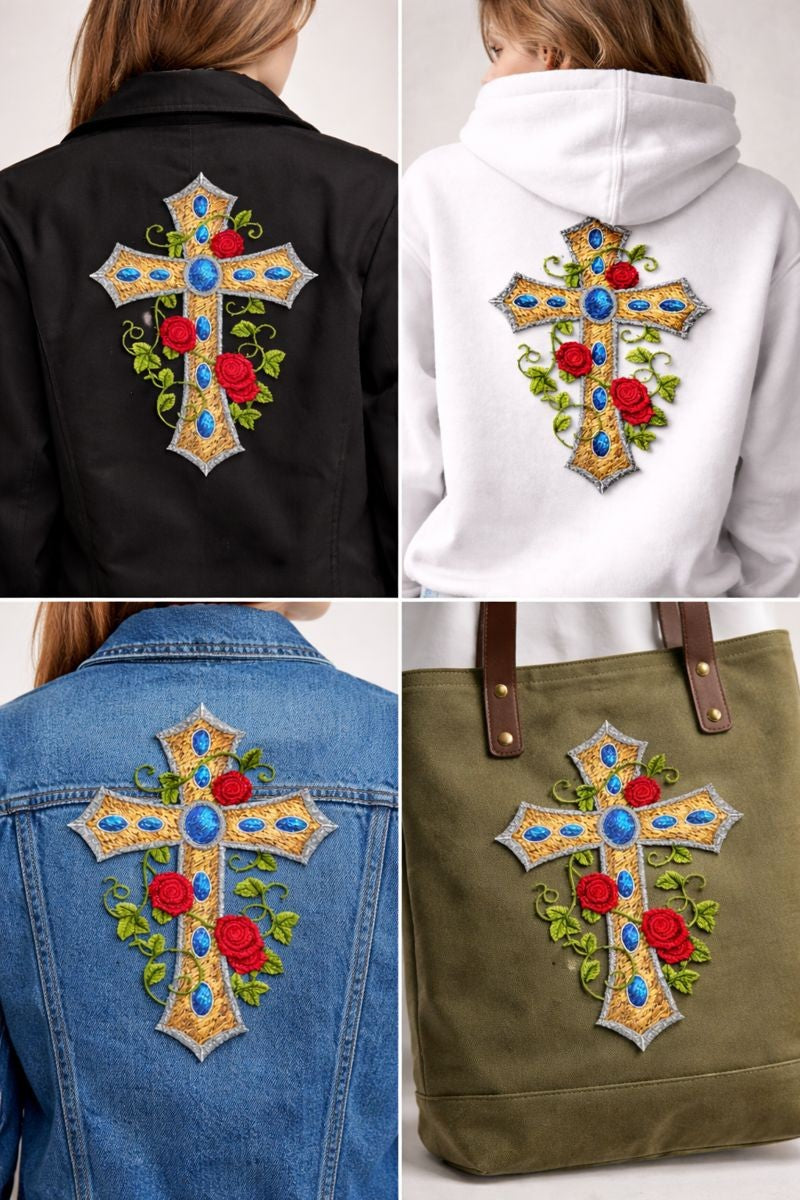 Art Deco Floral Cross Embroidered Patch (7” x 4.76”) – Gold Religious Iron-On Appliqué with Roses, Made in USA