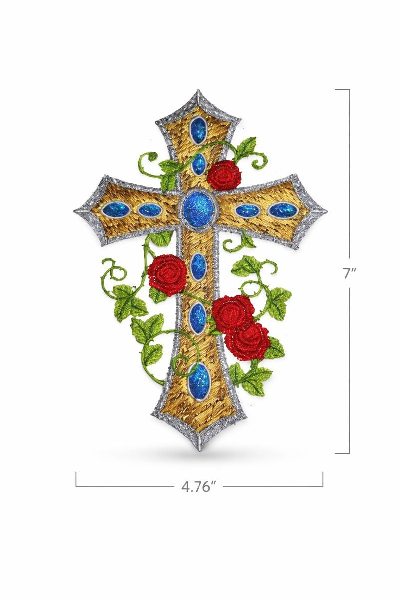 Art Deco Floral Cross Embroidered Patch (7” x 4.76”) – Gold Religious Iron-On Appliqué with Roses, Made in USA
