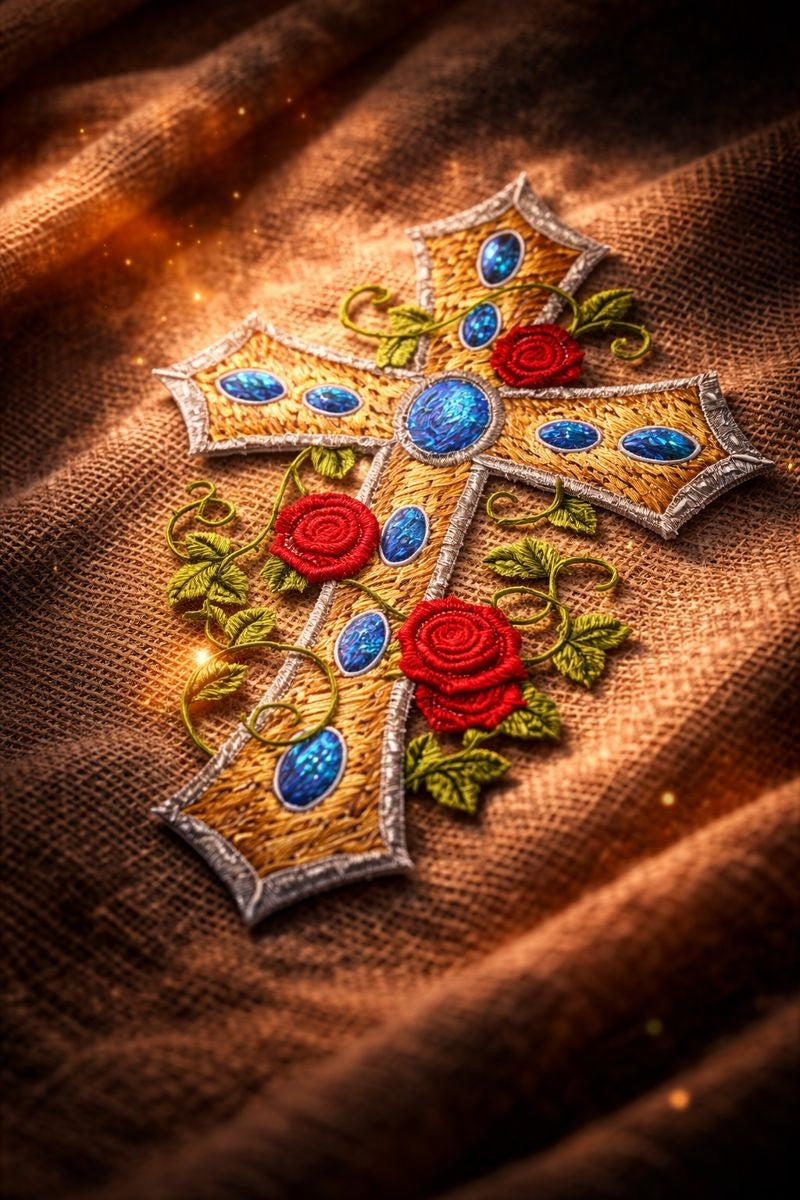 Art Deco Floral Cross Embroidered Patch (7” x 4.76”) – Gold Religious Iron-On Appliqué with Roses, Made in USA