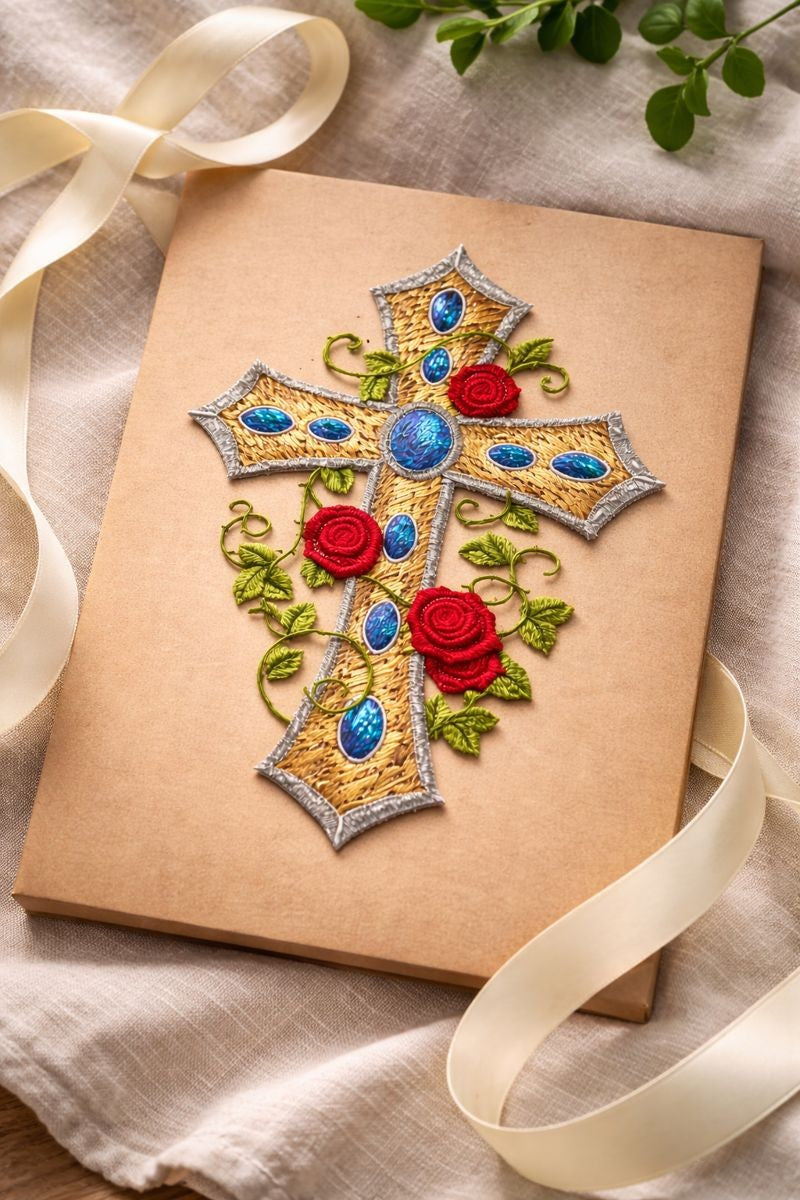 Art Deco Floral Cross Embroidered Patch (7” x 4.76”) – Gold Religious Iron-On Appliqué with Roses, Made in USA