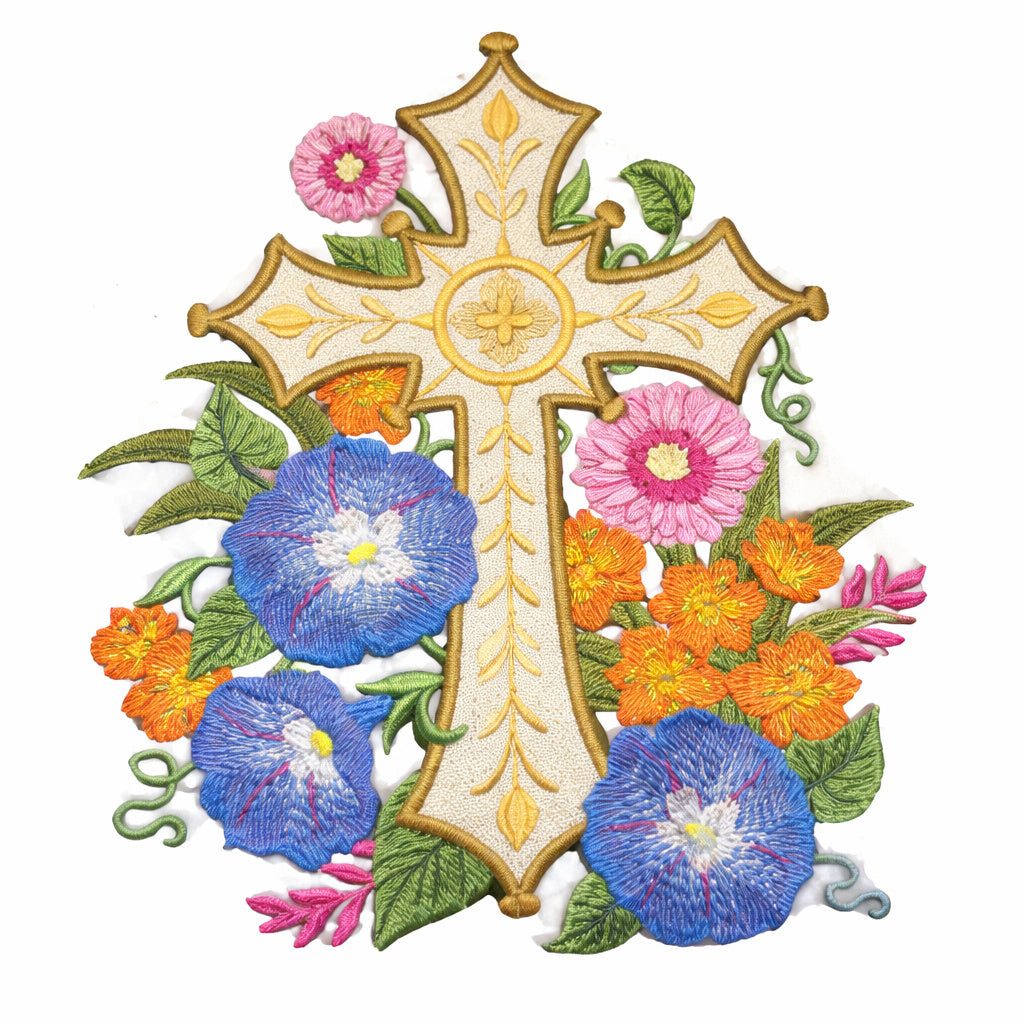 [Personalizado] Parche bordado para planchar o coser con la Santa Cruz Sagrada y Cruz de Jardín Dorada [7.8" x 6.63"][Hecho en EE. UU.]