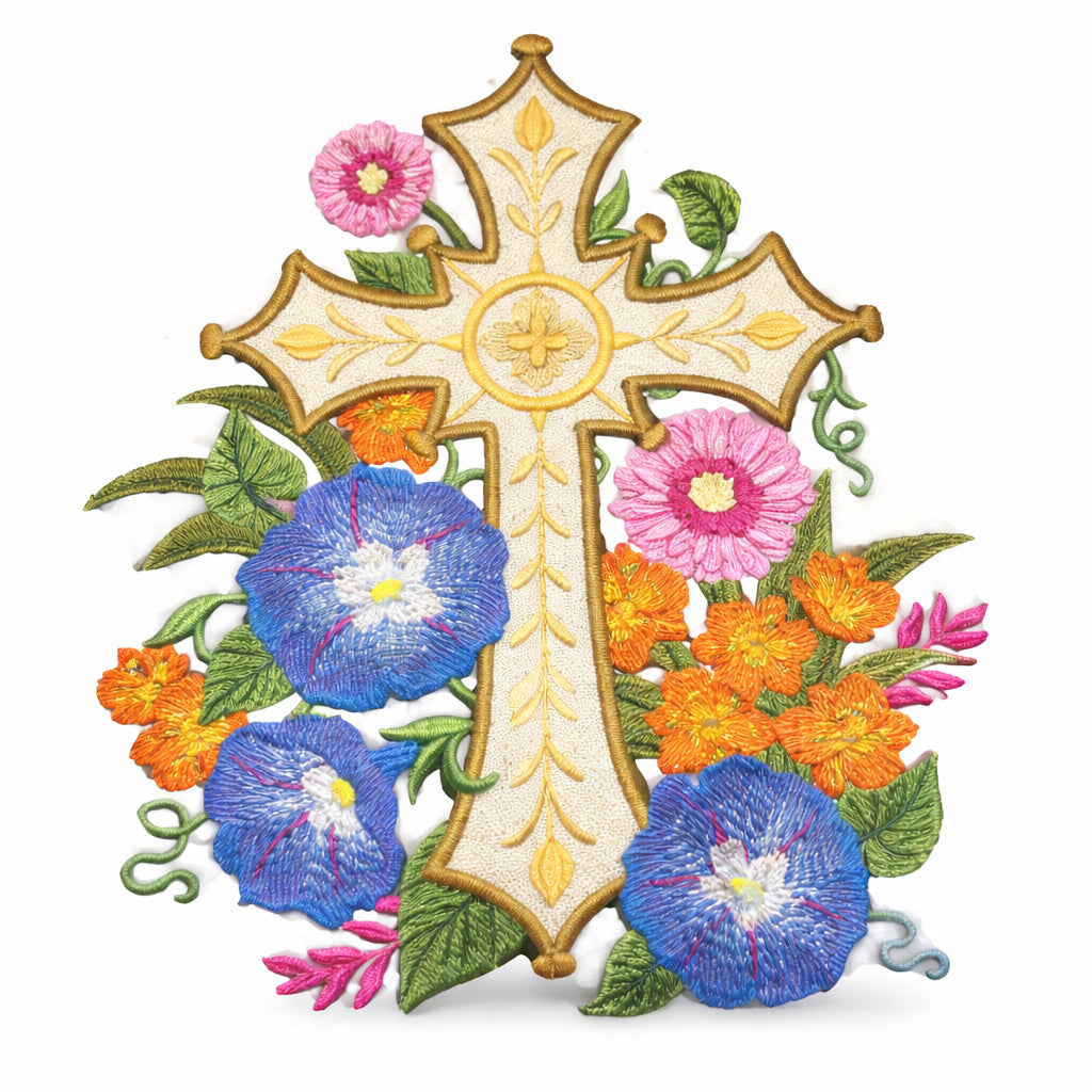 [Personalizado] Parche bordado para planchar o coser con la Santa Cruz Sagrada y Cruz de Jardín Dorada [7.8" x 6.63"][Hecho en EE. UU.]