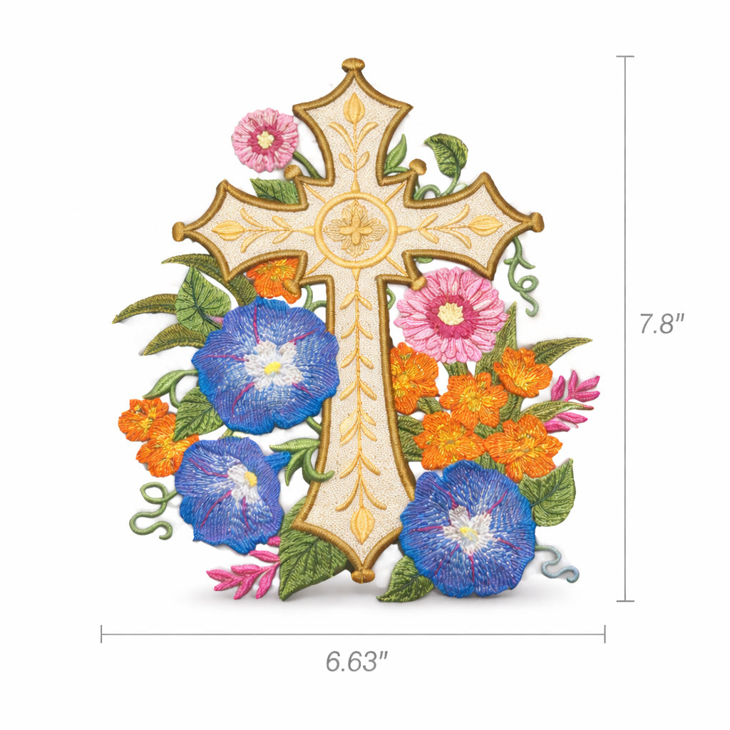 [Personalizado] Parche bordado para planchar o coser con la Santa Cruz Sagrada y Cruz de Jardín Dorada [7.8" x 6.63"][Hecho en EE. UU.]