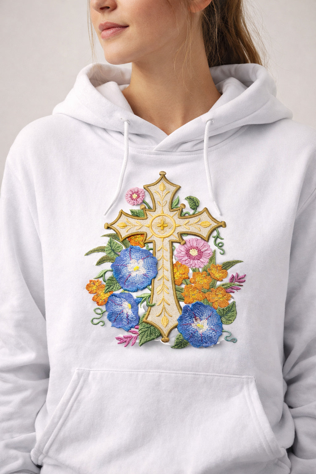 [Personalizado] Parche bordado para planchar o coser con la Santa Cruz Sagrada y Cruz de Jardín Dorada [7.8" x 6.63"][Hecho en EE. UU.]