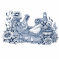 Delft Blue Barnyard Scene – Elegant Rooster & Farm Motif Applique, 9.36" x 5.87", embroidered iron-on patch