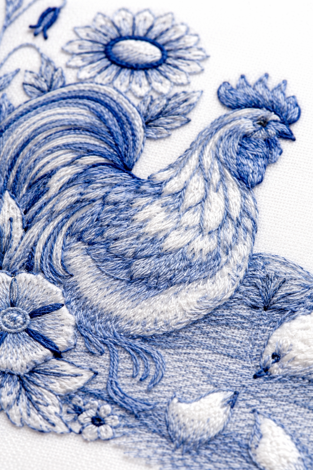 Delft Blue Barnyard Scene Embroidered Patch – Elegant Rooster & Farm Motif Iron-On or Sew-On Applique, 9.36" x 5.87", Made in USA