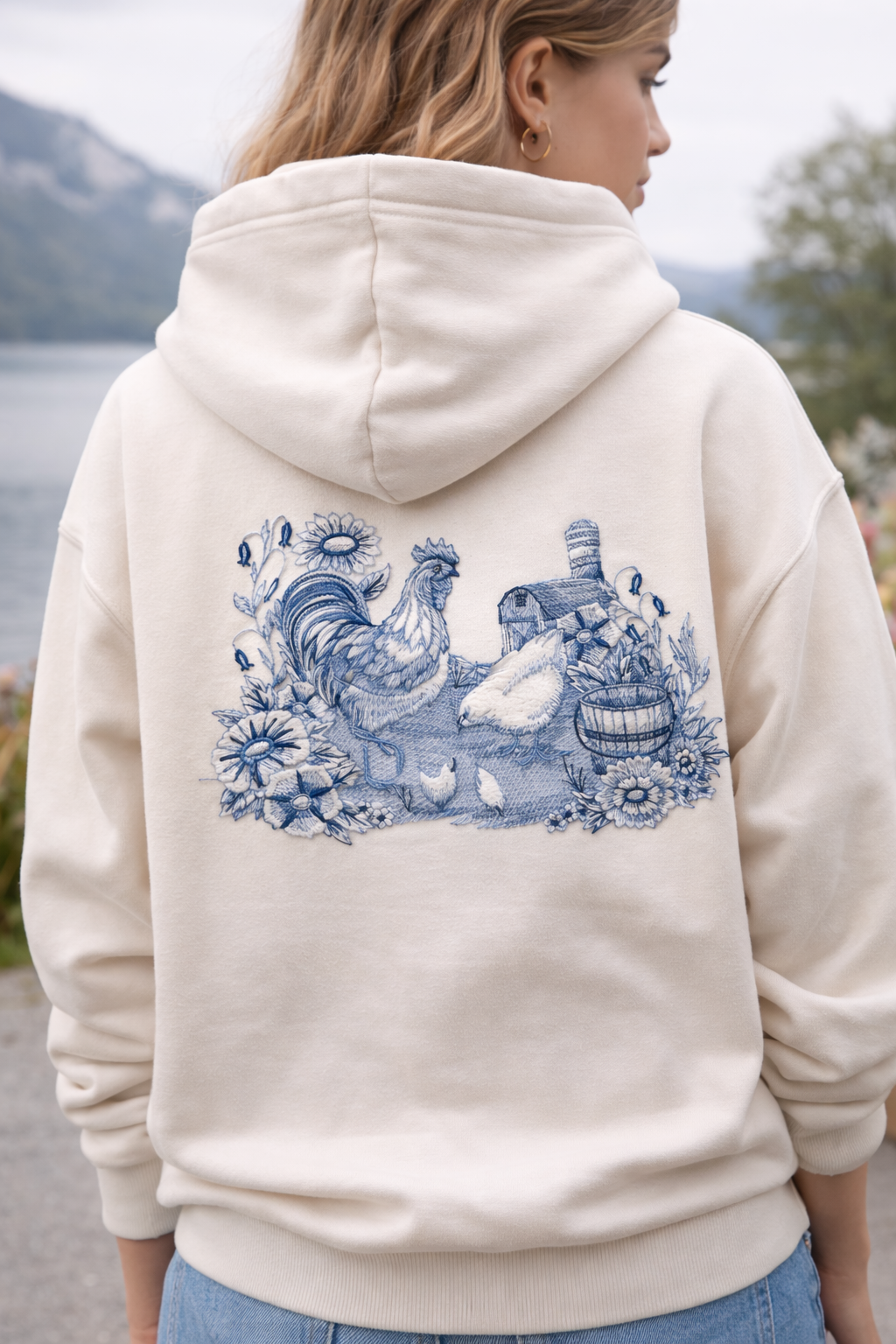 Delft Blue Barnyard Scene Embroidered Patch – Elegant Rooster & Farm Motif Iron-On or Sew-On Applique, 9.36" x 5.87", Made in USA