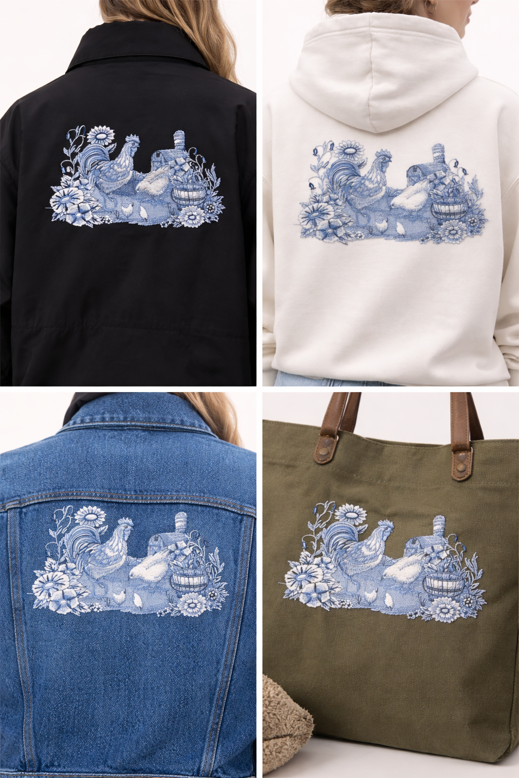 Delft Blue Barnyard Scene Embroidered Patch – Elegant Rooster & Farm Motif Iron-On or Sew-On Applique, 9.36" x 5.87", Made in USA