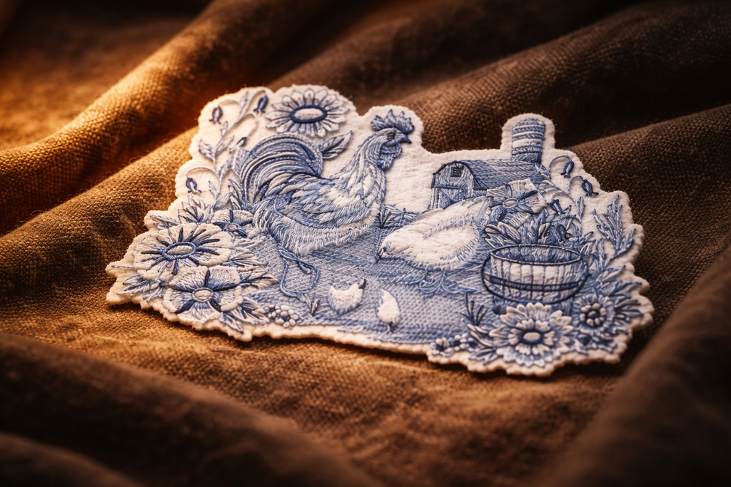 Delft Blue Barnyard Scene Embroidered Patch – Elegant Rooster & Farm Motif Iron-On or Sew-On Applique, 9.36" x 5.87", Made in USA