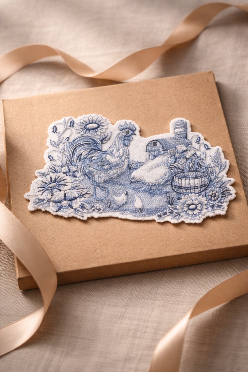 Delft Blue Barnyard Scene Embroidered Patch – Elegant Rooster & Farm Motif Iron-On or Sew-On Applique, 9.36" x 5.87", Made in USA