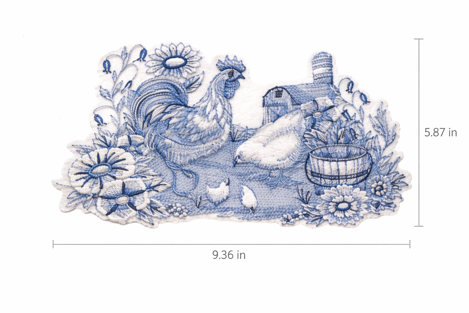 Delft Blue Barnyard Scene Embroidered Patch – Elegant Rooster & Farm Motif Iron-On or Sew-On Applique, 9.36" x 5.87", Made in USA