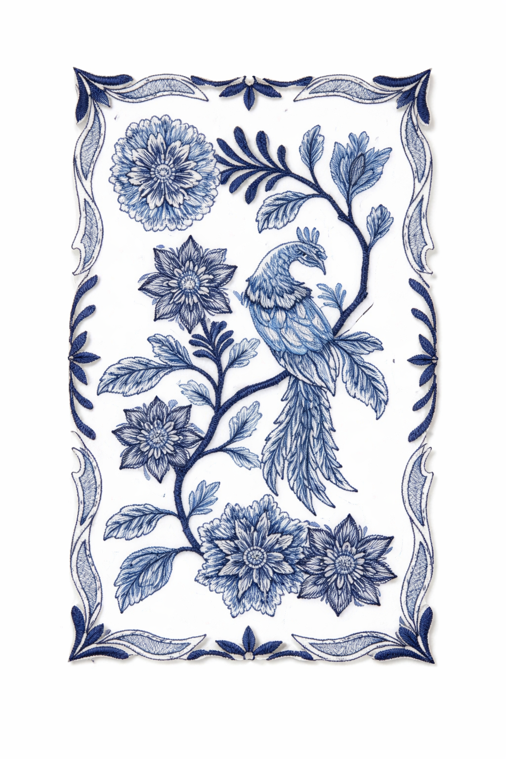 Parche bordado para planchar o coser con tonos de azul personalizados y únicos [Pájaro y flores de Delft Blue] [6,85" x 5,86"] [Hecho en EE. UU.]