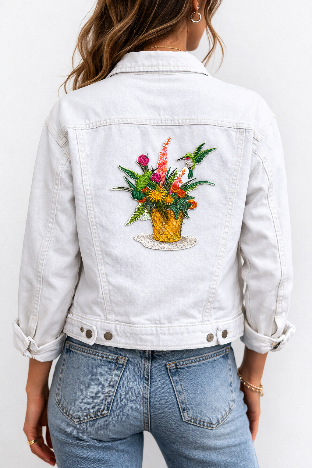 Flowering Basket & Hummingbird Embroidered Patch – Nature Garden Iron-On or Sew-On Applique, Detailed Floral Bird Design on Felt Base, 4.89" x 5.53"