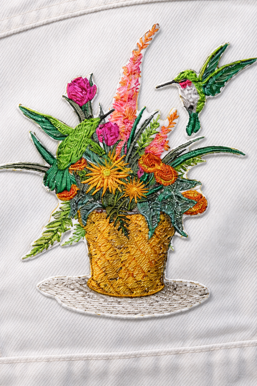 Flowering Basket & Hummingbird Embroidered Patch – Nature Garden Iron-On or Sew-On Applique, Detailed Floral Bird Design on Felt Base, 4.89" x 5.53"