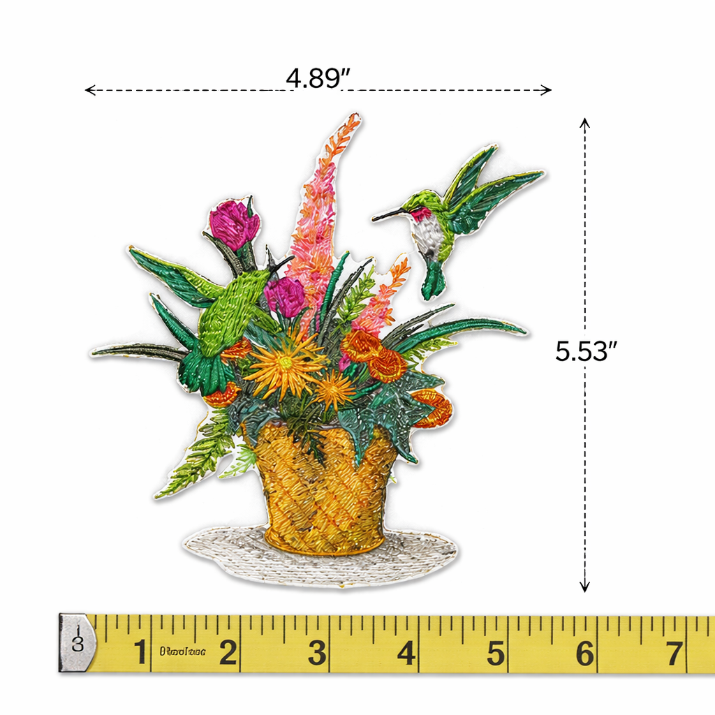 Flowering Basket & Hummingbird Embroidered Patch – Nature Garden Iron-On or Sew-On Applique, Detailed Floral Bird Design on Felt Base, 4.89" x 5.53"
