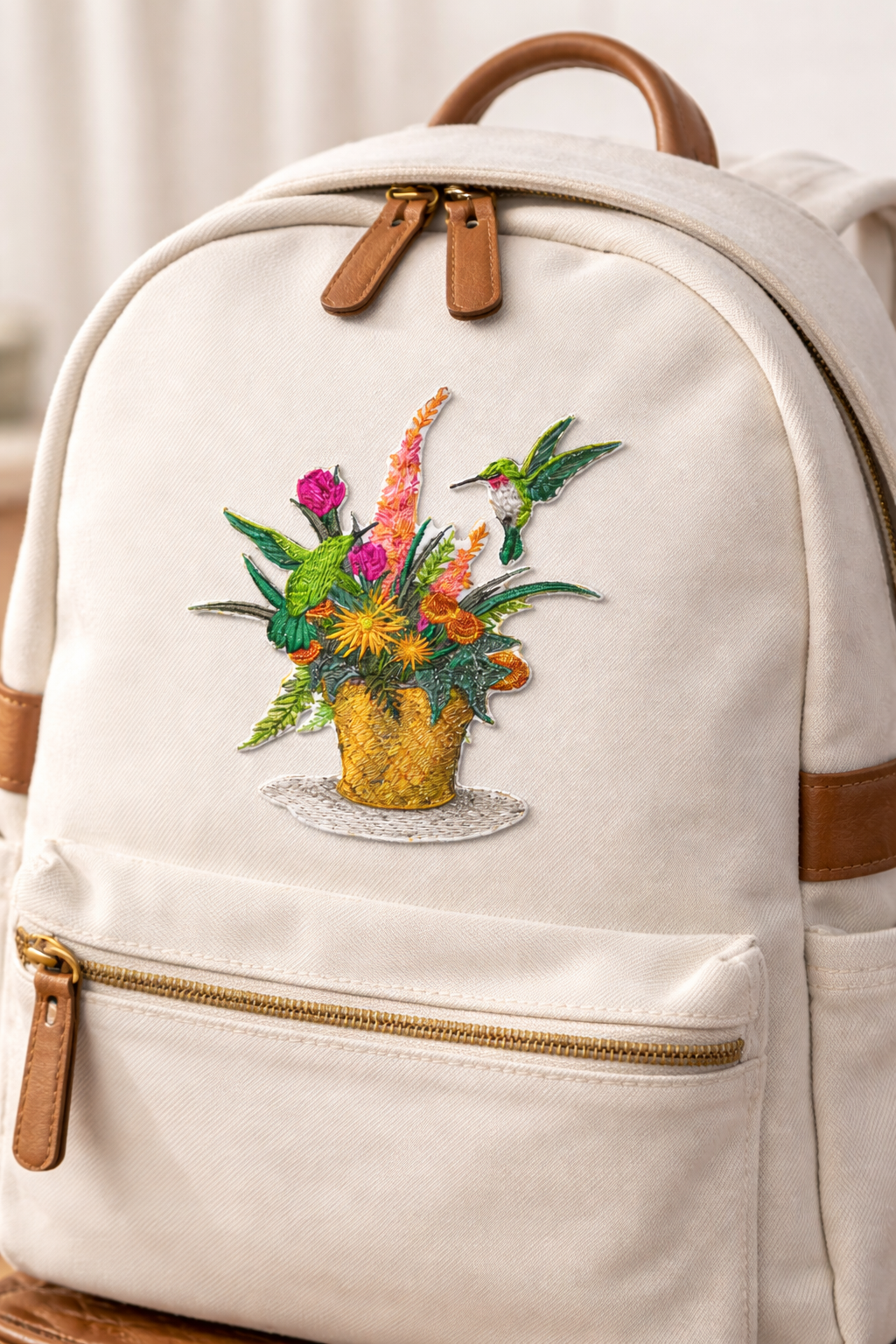 Flowering Basket & Hummingbird Embroidered Patch – Nature Garden Iron-On or Sew-On Applique, Detailed Floral Bird Design on Felt Base, 4.89" x 5.53"