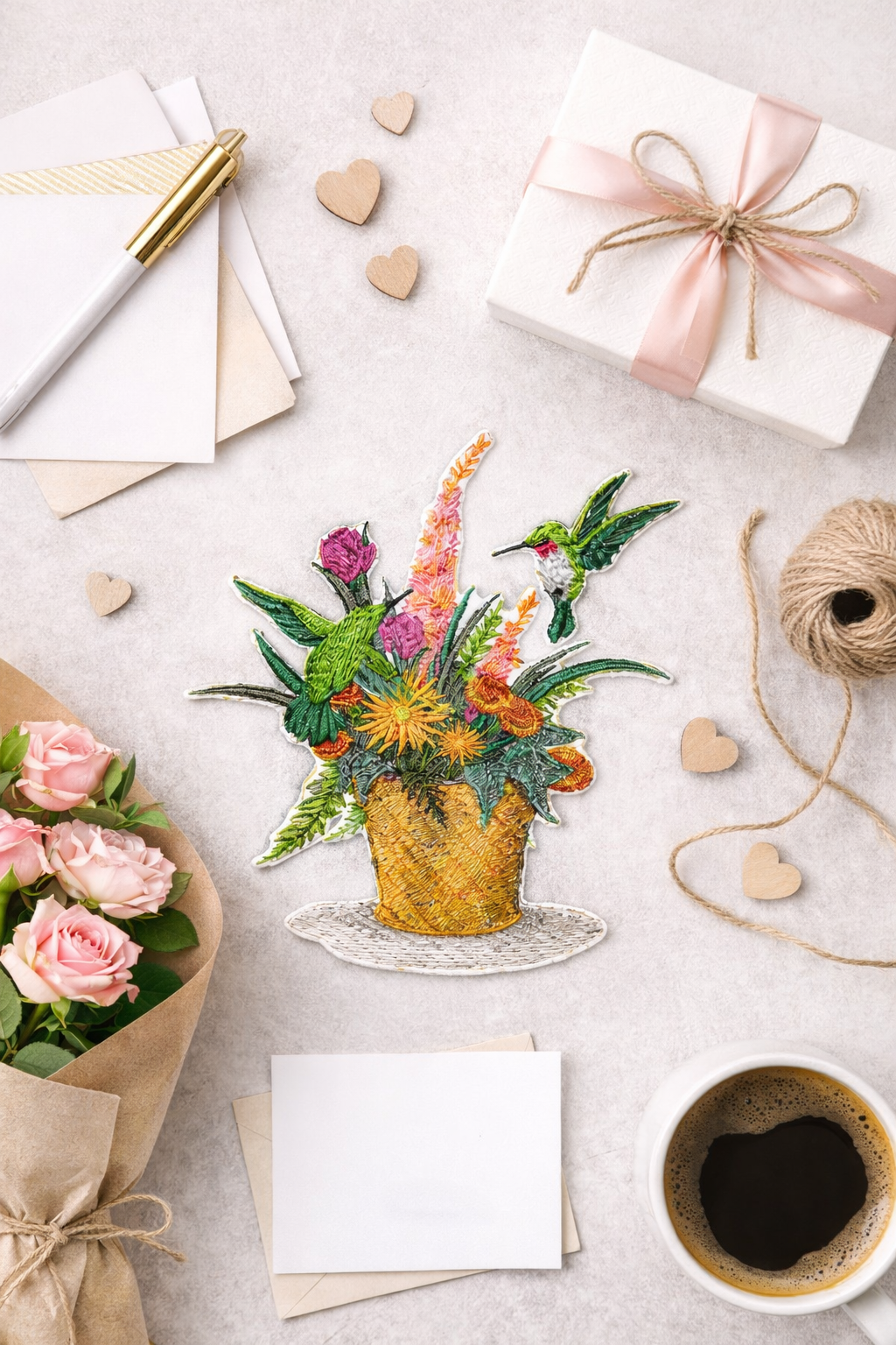 Flowering Basket & Hummingbird Embroidered Patch – Nature Garden Iron-On or Sew-On Applique, Detailed Floral Bird Design on Felt Base, 4.89" x 5.53"